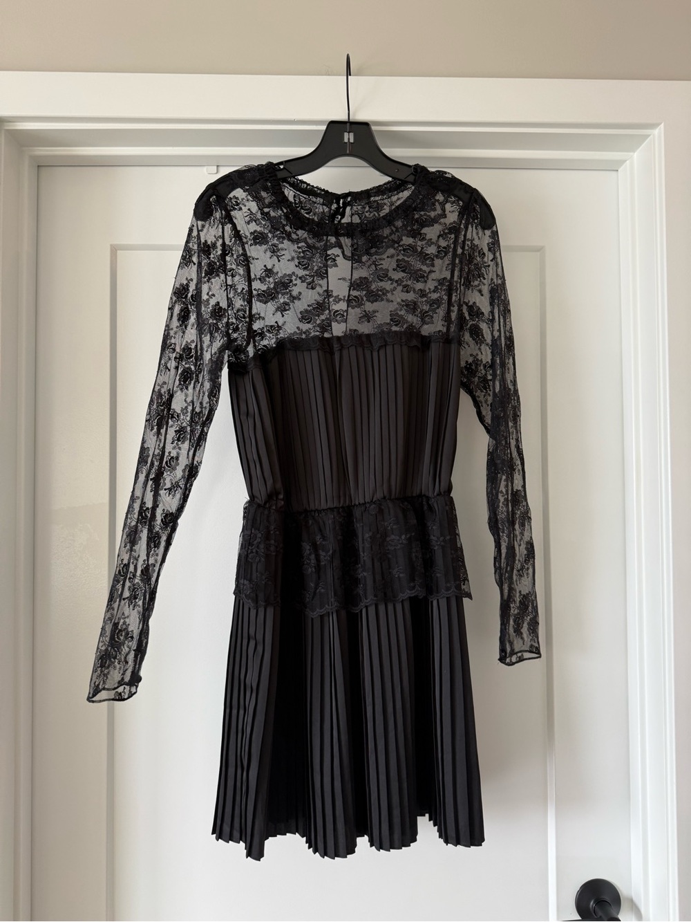 Free People Black Lace Pleated Long-Sleeve Dress
